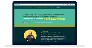 Tore Levinsen's Tableau expert website featuring data visualization and modern UI design